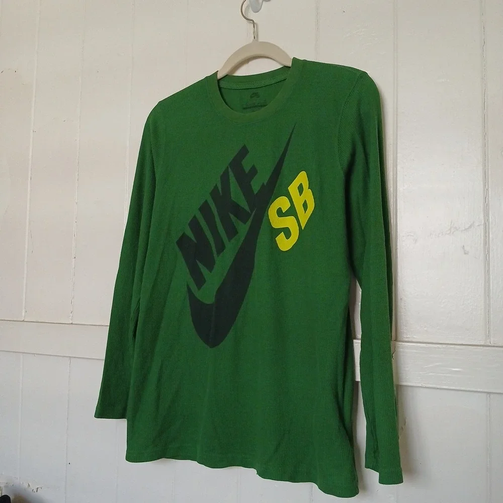 Nike SB Shirt Logo Spell Out Thermal Waffle Knit Youth XL Green Skateboard LS